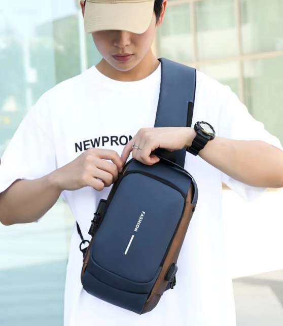 Pechera Morral Hombre Antirrobo Impermeable con USB y Clave Bandolera